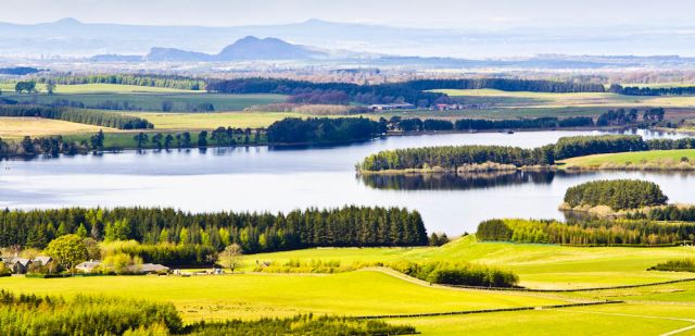 The view across Gladhouse Reservoir across to Pentland Hills and Edinburgh