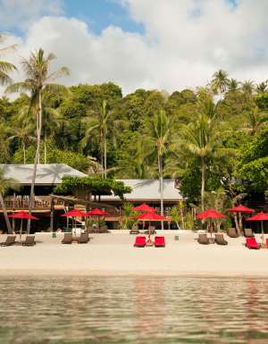 The red umbrellas of Anantara Rasananda, Koh Phangan Thailand.