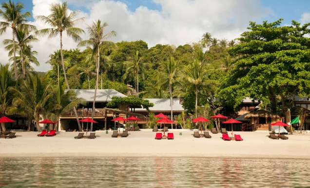 The red umbrellas of Anantara Rasananda, Koh Phangan Thailand.