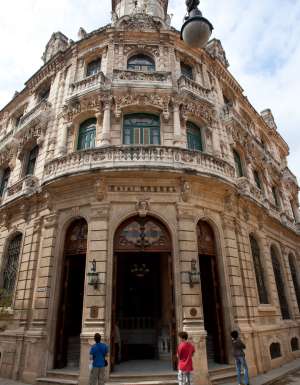 Baroque facade of Hotel Raquel in Old Havana, Cuba.