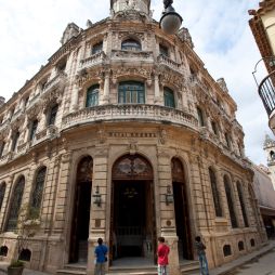 Baroque facade of Hotel Raquel in Old Havana, Cuba.