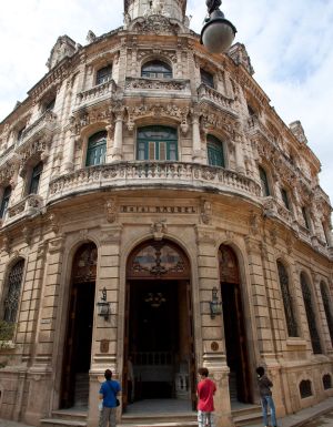Baroque facade of Hotel Raquel in Old Havana, Cuba.