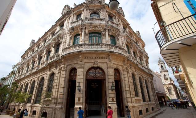 Baroque facade of Hotel Raquel in Old Havana, Cuba.
