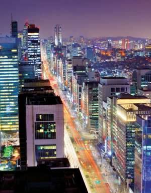 The Gangnam district in Seoul by night.