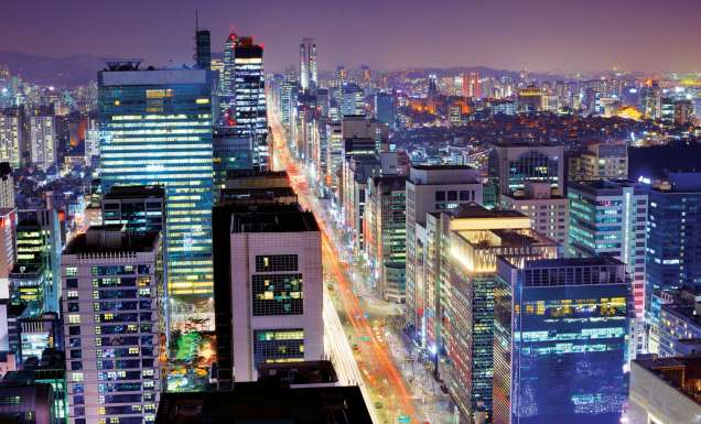 The Gangnam district in Seoul by night.