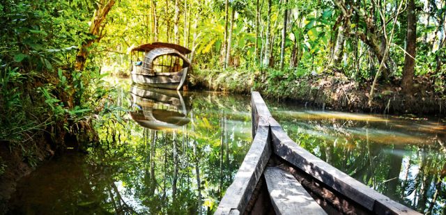 Wooden boat cruise in backwaters of Kerala.