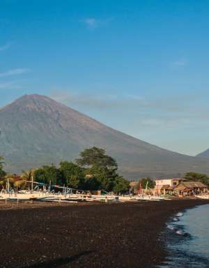 a black sand beach in Amed, Bali