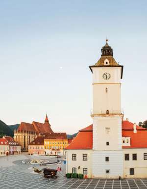Front and centre - The clock tower overlooking Brasov's Council Square, Transylvania.
