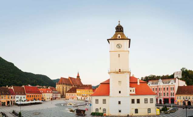 Front and centre - The clock tower overlooking Brasov's Council Square, Transylvania.