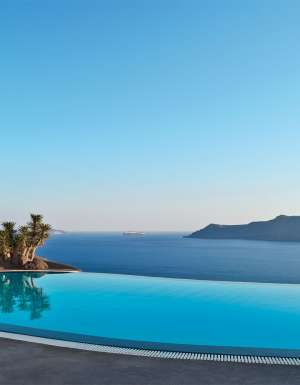 Perivolas Hotel pool in Santorini, Greece.