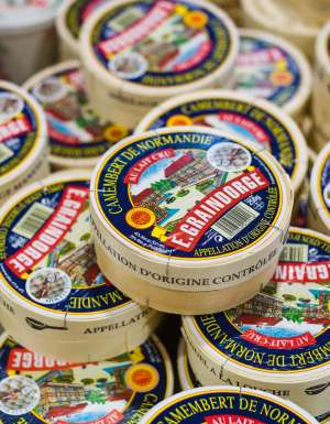 Boxes of Camembert de Normandie from Fromagerie Graindorge, France.