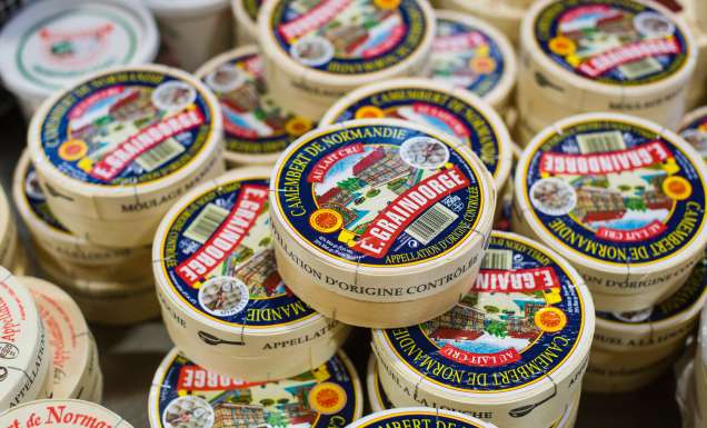 Boxes of Camembert de Normandie from Fromagerie Graindorge, France.