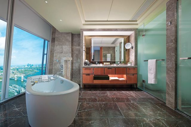 A bathroom with a view at this London-based Shangri-La Hotel