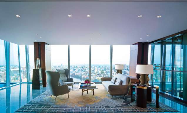 Sweeping views from the understated lobby of the Shangri La Hotel in London