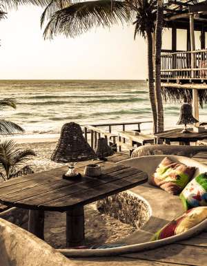 Beach bar and lounge at Papya Playa Project in Tulum, Mexico.