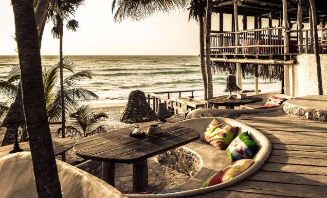 Beach bar and lounge at Papya Playa Project in Tulum, Mexico.