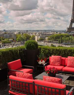Hôtel Plaza Athénée rooftop terrace with Eiffel Tower view