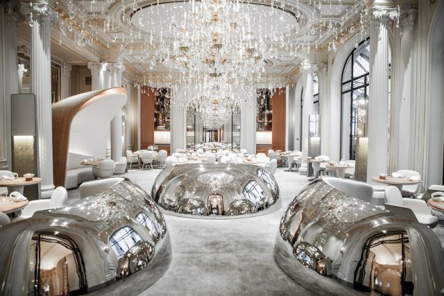 The restaurant area at Hotel Plaza Athenee, Paris.