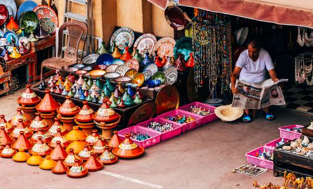 Street vendor selling moroccan handicrafts at Marrakech Medina