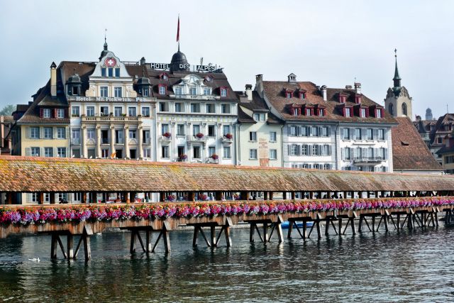 The beautiful medieval Chapel Bridge in Lucerne.