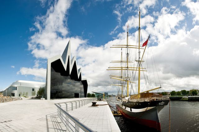 Tall Ship Glenlee berthed outside the Riverside Museum.
