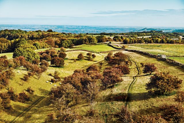 The view across the countryside from the top of Broadway Tower, Middle Hill, England.