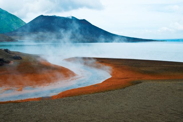 Mt Tavurvur from a volcanic ash landscape where part of Rabaul once stood.