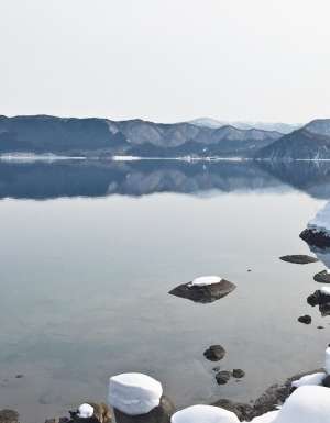 Shinto shrine on the shores of Lake Tazawa, Japan.