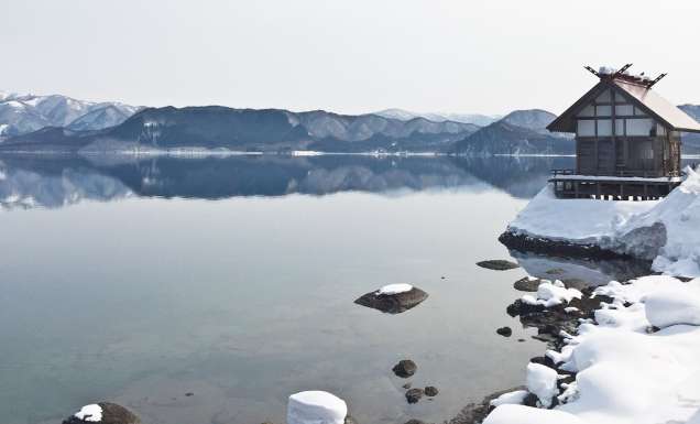 Shinto shrine on the shores of Lake Tazawa, Japan.