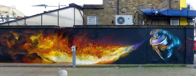 Mural titled 'Burn' by UK street artist Irony, in Camden Market, London.