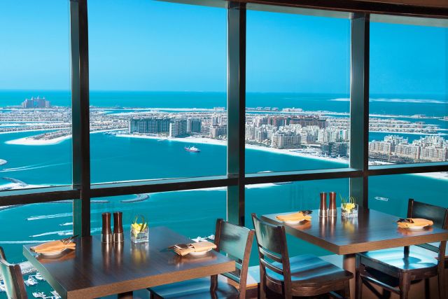 Located on the 52nd floor of the Dubai Mariott Harbour hotel, city views don’t get much better than from The Observatory restaurant, with magnificent 360-degree views across Dubai Marina and Palm Jumeirah.