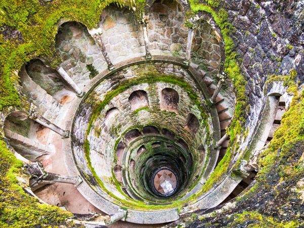 The mysterious Initiation Well at the Quinta da Regaleira in Sintra, Portugal.