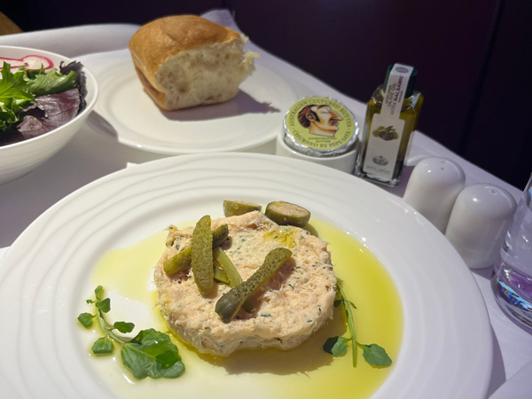 a plate of Salmon rillette onboard Emirates A380