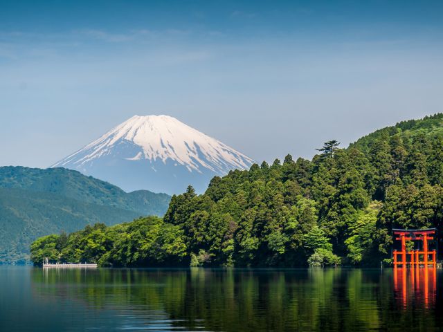 Lake Ashi and Mount Fuji from Moto-Hakone in Japan