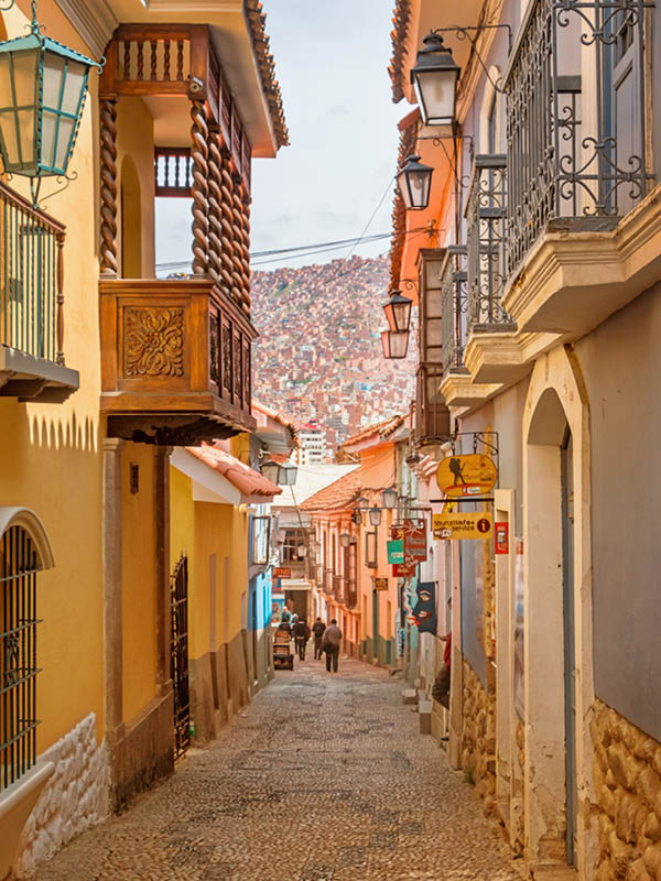 Ornate alley in old town La Paz Bolivia.