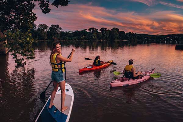 Kayak at sunset on lake