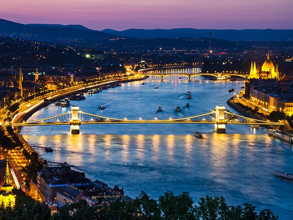 Aerial view of Danube River in Budapest at night