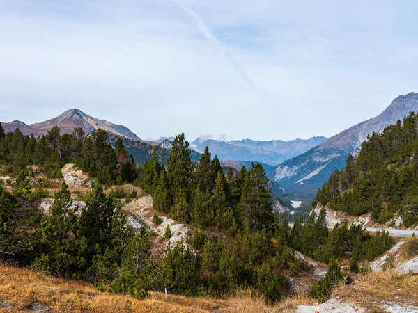 Road to Ofenpass - Fuorn pass in Val Mustair valley of canton Grisons, Graubunden, Switzerland.