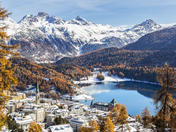 View of St. Moritz, the famouse resort region for winter sprot, from the high hill with the first new snow