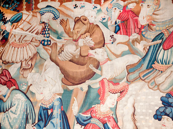 ancient tapestry depicting bear hunt early fifteen century england