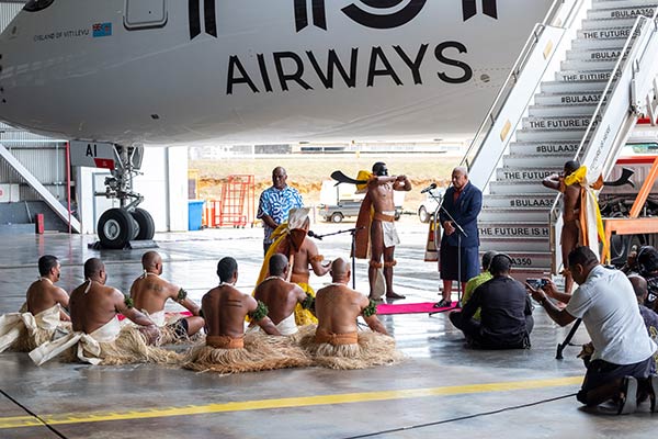 Fiji Airways A350 traditional welcome to Nadi