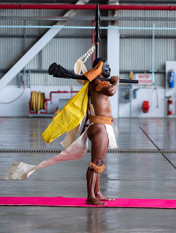 Traditional Warrior greeting Fiji Airways A350 arrival at Nadi airport