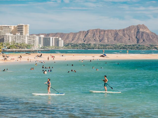 stand-up paddleboarding on Magic Island Lagoon, O'ahu