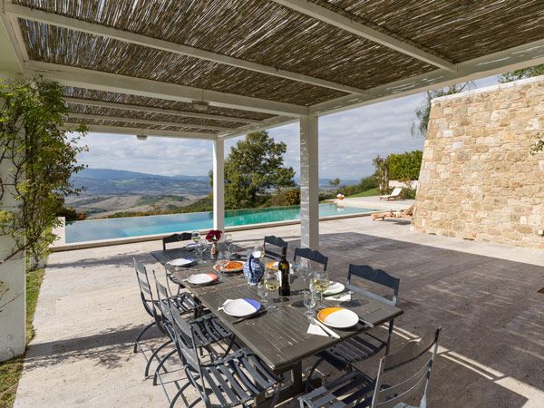 dining by the pool at Villa Sambuco in Tuscany, Italy
