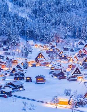 the snow-covered Shirakawa-go Village in Japan
