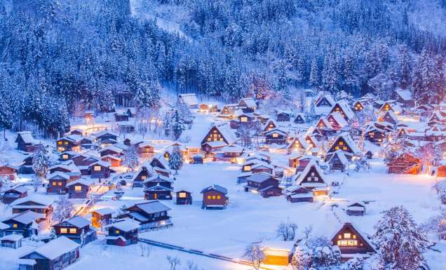 the snow-covered Shirakawa-go Village in Japan