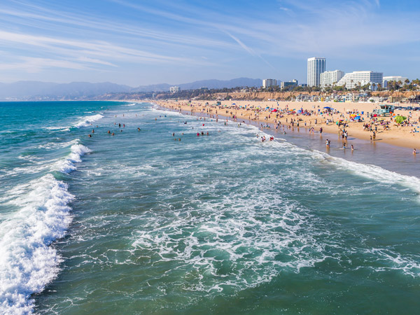 View of Santa Monica Beach from the water in Los Angeles