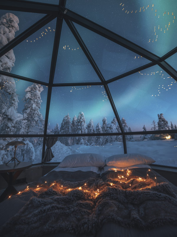 View out of Kakslauttanen Arctic Resort Glass Igloo in Lapland Finland