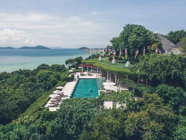 a drone shot of the lap pool at Kamalaya, Thailand