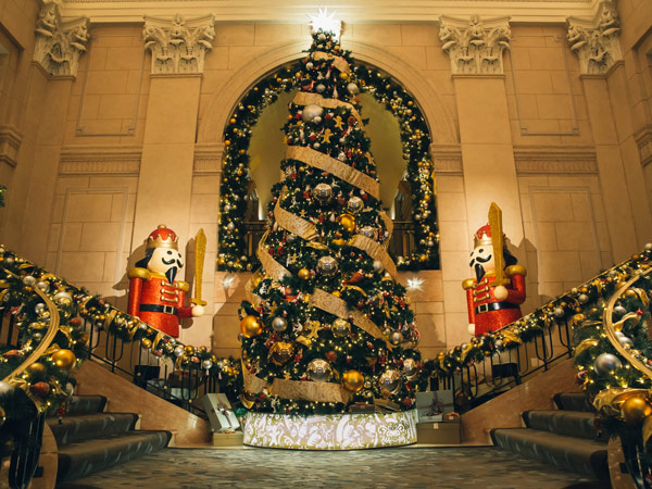Christmas decorations in the lobby of The Peninsula New York